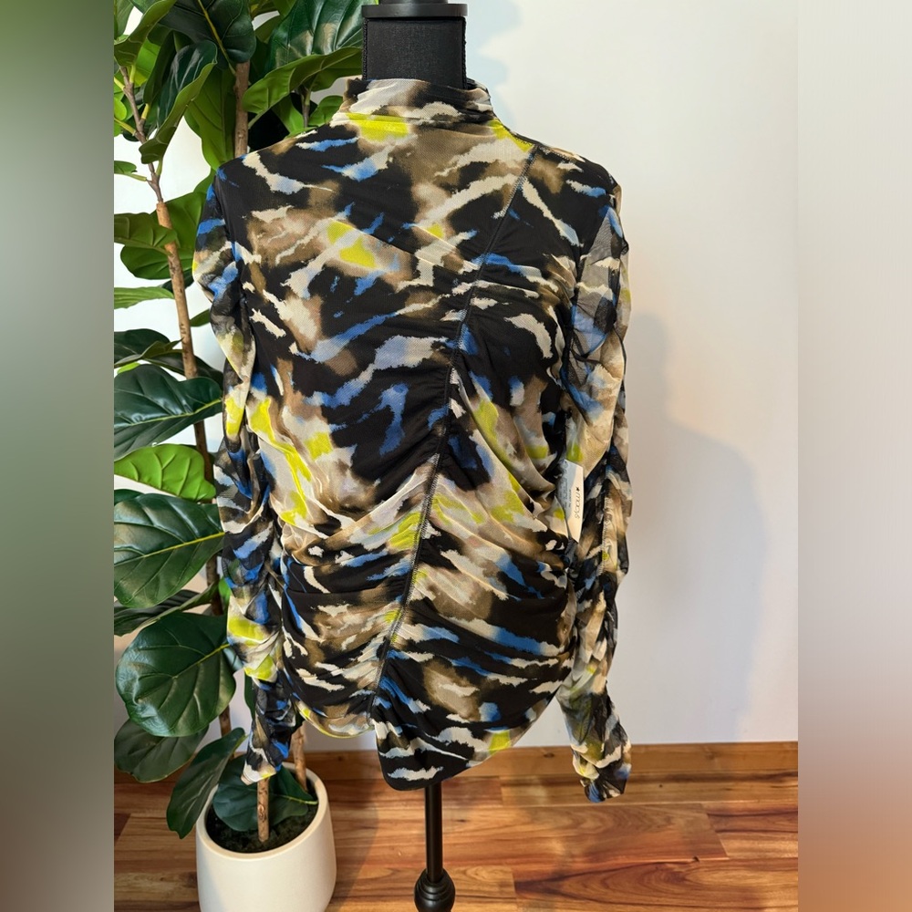 DKNY Women's Top in Black, Blue, and Yellow Abstract Print